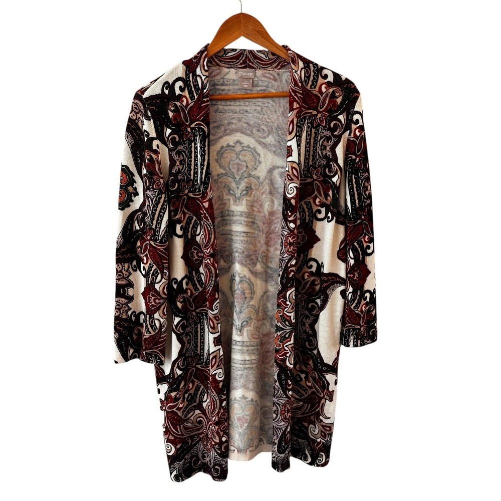 Chicos Open Front Cardigan Sweater Womens 3P/XLP Brown Paisley Boho Office